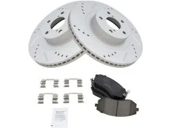 TRQ - Front Ceramic Brake Pads And Rotor Cross Drilled And Slotted Kit - 5 Lug - Vented Front Rotors - Premium G-Coated - 2005 - 2013 Subaru Outback - BKA12337