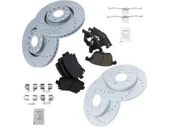 TRQ - Front And Rear Ceramic Brake Pad And Cross Drilled And Slotted Rotor Kit - 2006 - 2009 Audi A4 Quattro - BKA12483